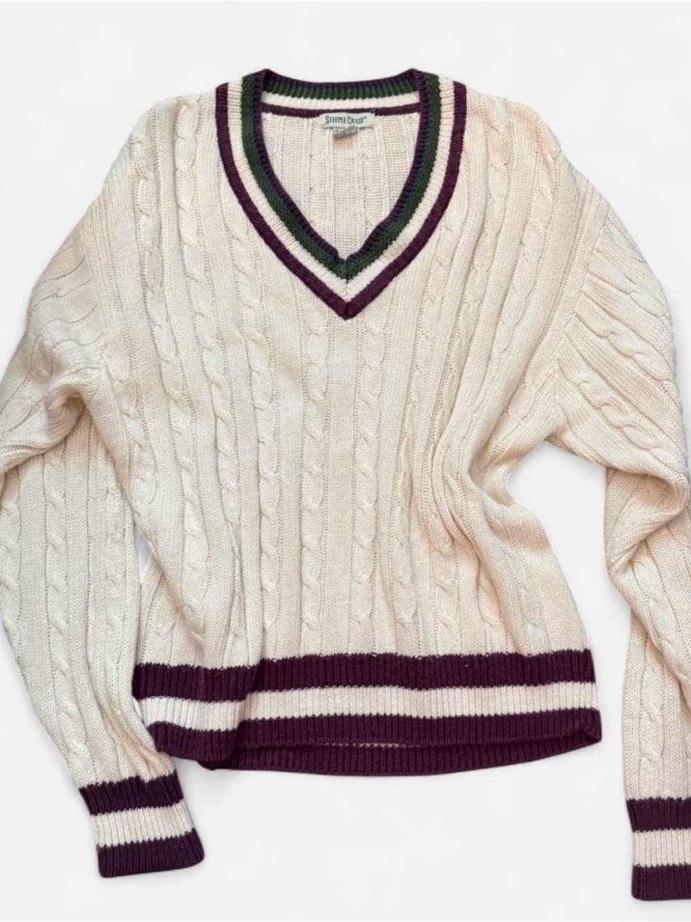 Striped-Trim Cream Cable V-Neck Sweater